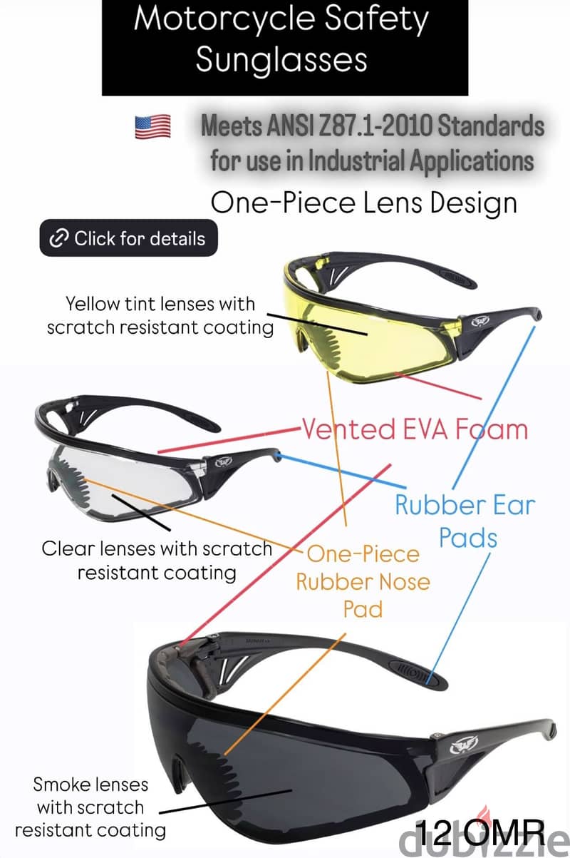 Motorcycle glasses- Foam padded sunglasses, scratch resistant, USA 10