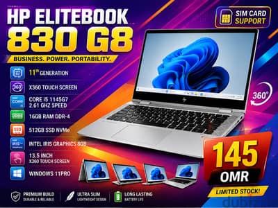 78426067  HP ELITEBOOK 830 G8 11th GENERATION X360 TOUCH SCREEN CORE i5 2.61 GHZ SPEED 16GB RAM DDR-