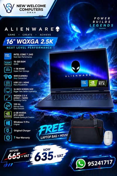 DELL ALIENWARE 16 INCH INTEL CORE 7 WITH RTX 4050 , 120 HZ , 2.5 K