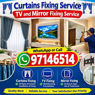 curtains and TV stand mirror photo display w/call. 97146514