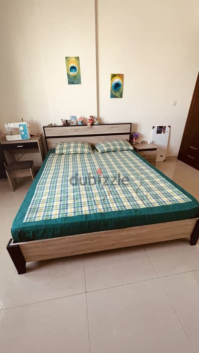 Bed, mattress, side table