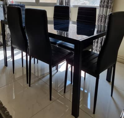 Dining Table Black Glass Top with 6 Chairs Pan Home for sale