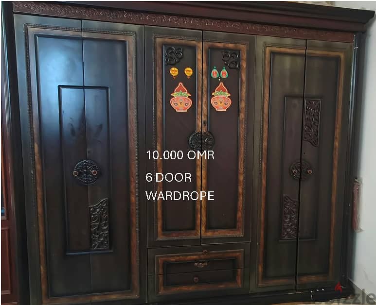 KING SIZE BED , 6 DOOR WARDROPE , CUPBORD, DINING TABLE, TABLE , CHAIR AND DESPENSOR WITH 4 BOTTLE 5