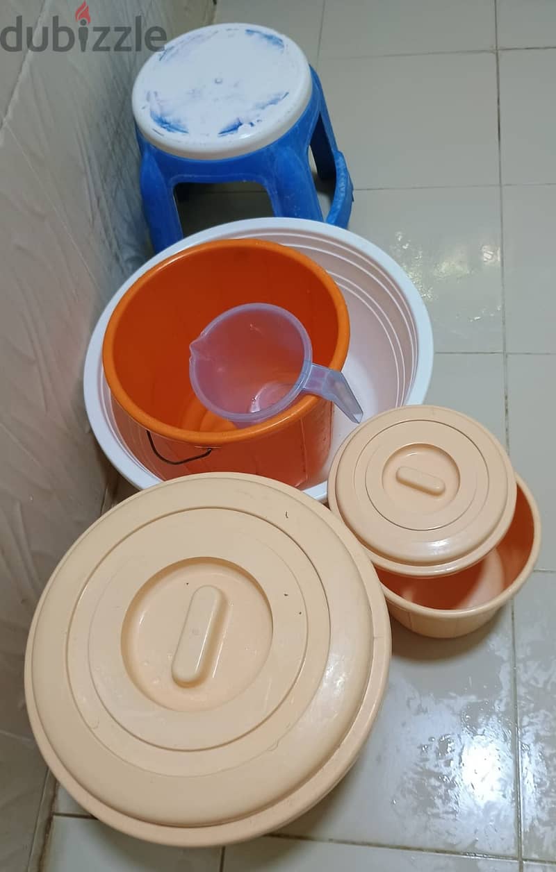 PLASTIC BUCKETS (Big, Med. & Small-3 Nos) & BIG TUB (1 No. ), Stools Big & Small, and 1 Mug, Urgent, 1