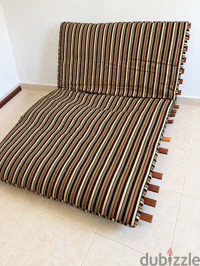 Futon Sofa Bed with Wooden Slat Frame and Striped Mattress