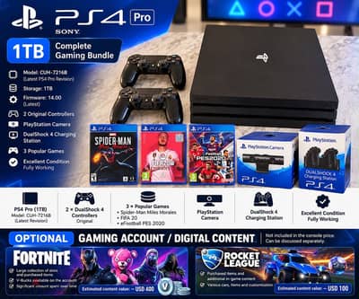 PS4 Pro 1TB CUH-7216B, 2 Controllers, Camera, Charging Station