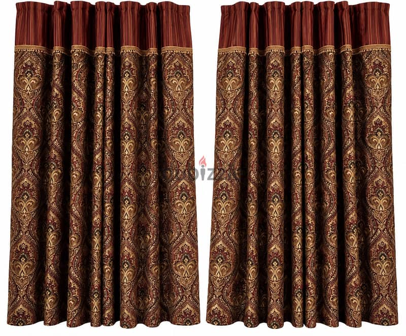 Damask Eyelet Curtains, Maroon and Gold, 3 set (2 pair each) 1