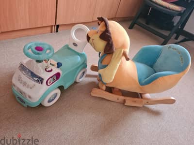 wooden rocker and frozen themed car with light and sounds