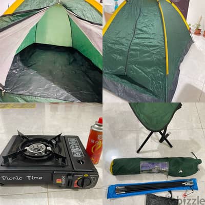 2 person tent , chair and out door gas stove with gas