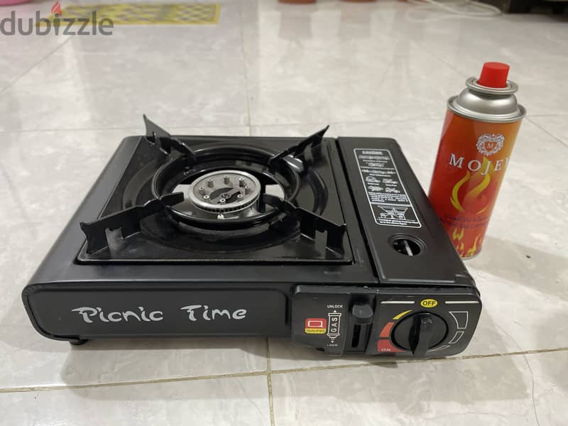 2 person tent , chair and out door gas stove with gas 2