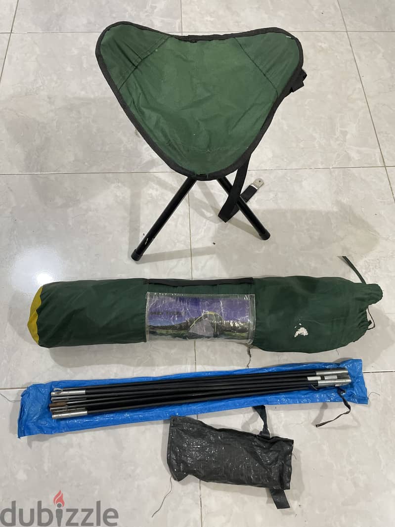 2 person tent , chair and out door gas stove with gas 3