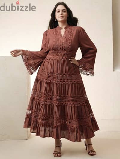 New Anewsta Elegant Burgundy Color Heavy Lace Patchwork Dress - L