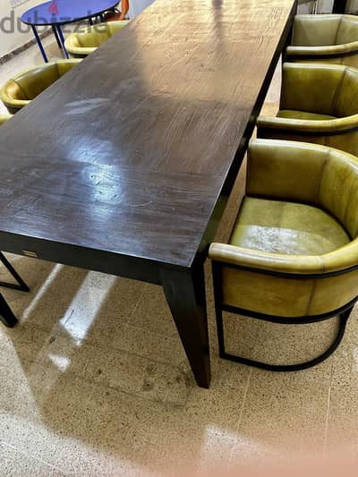 Marina home wood dining table and 6 leather chairs