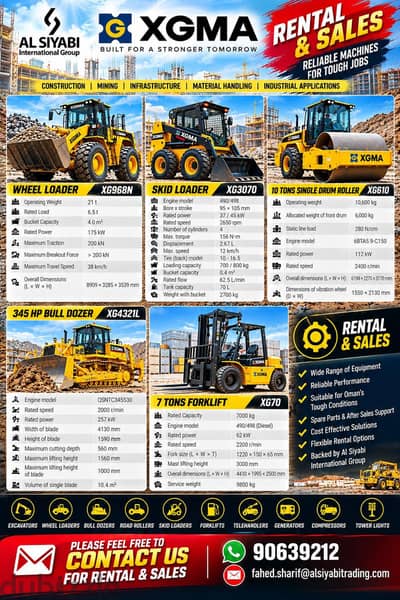 XGMA Heavy Equipments for Rental and Sale Wheel Loader Excavator