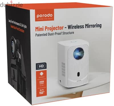 Porodo Projector with Wireless Mirroring, 2000 Lum, 150 inch, Bt 5.0 (Rarely used) + Mi TV Stick