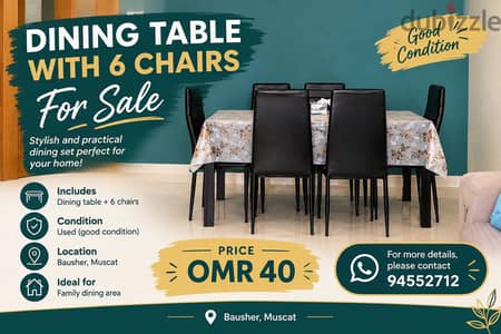 Dining Table with 6 Chairs for Sale – Bausher, Muscat