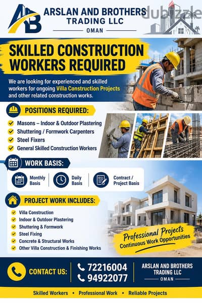 SKILLED CONSTRUCTION WORKERS REQUIRED