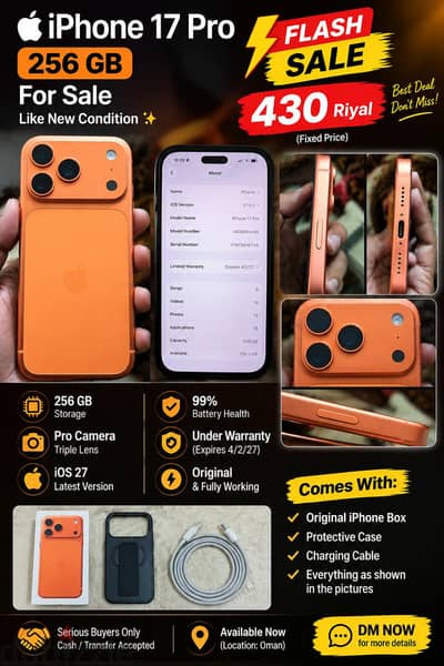 FLASH SALE! iPhone 17 Pro 256GB – 430 OMR