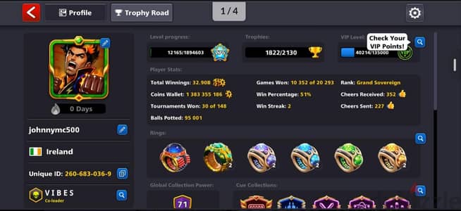 8Ball Poll, Level 276, Coin 1.3 Billon+, CPP71