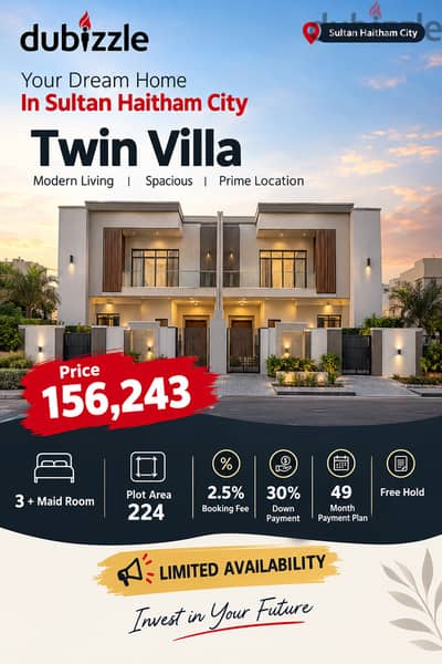  Luxury Twin Villa for Sale in Sultan Haitham City | 3 Bedrooms + Maid’s Room | 49-Month Payment P