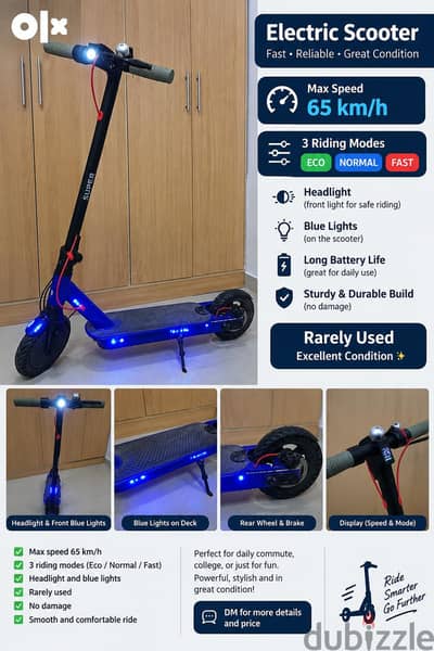 Electric Scooter – 65 km/h | 3 Speed Modes | Blue LED Lights