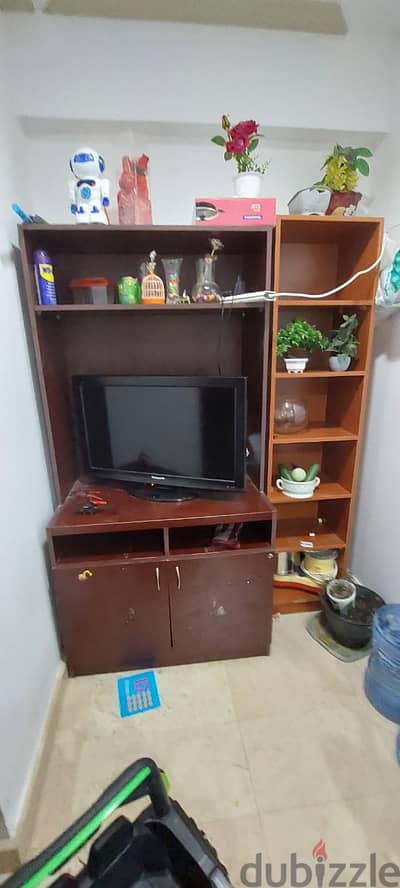 Large Wooden TV Stand with Display Rack & Shelves