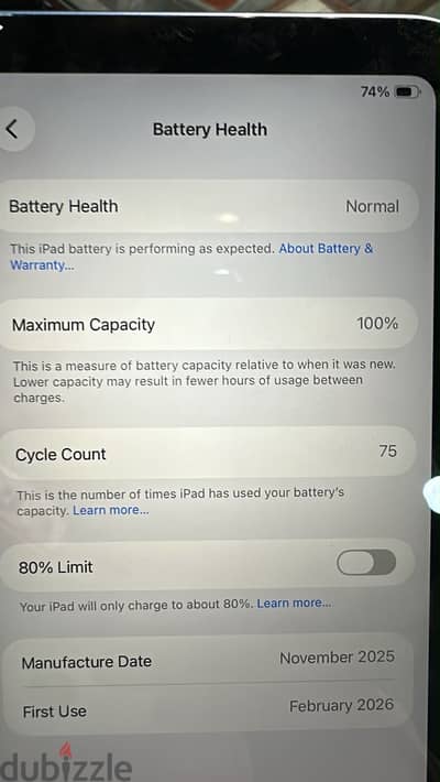 Used ipad A16 128 GB wifi Blue color,Battery health 100%,4 month  waty