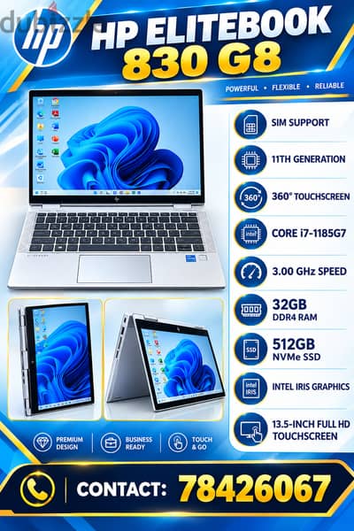 78426067 11th GEN X360 TOUCH HP ELITEBOOK 830 G8 CORE i7 32GB RAM 512gb SSD NVMe 13.5 INCH SCREEN SI