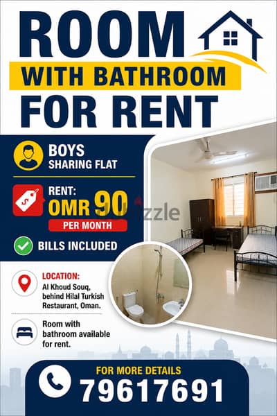  ROOM WITH BATHROOM FOR RENT  Boys Sharing Flat  Rent: OMR 90 per month