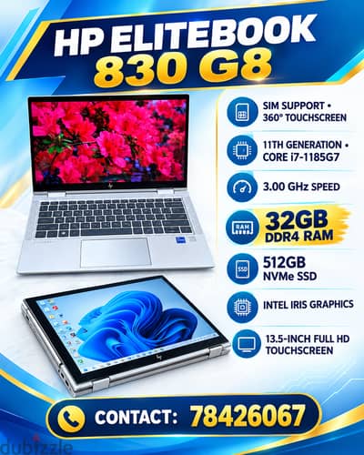 78426067  11th GEN X360 TOUCH HP ELITEBOOK 830 G8 CORE i7 32GB RAM 512gb SSD NVMe 13.5 INCH SCREEN S