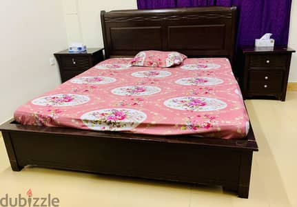WOODEN BED WITH MATTRESS AND BEDSIDE TABLE