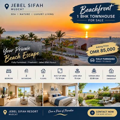 Beachfront 1 BHK Furnished Townhoush with Private Garden for Sale-Jebel Sifah-Freehold- OMR 85,000