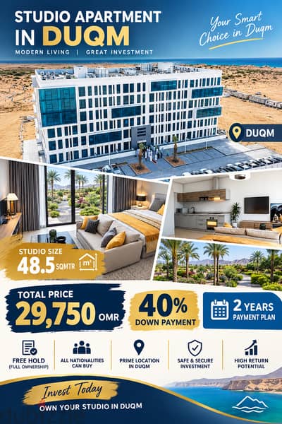 Studio for Sale in Duqm,| Off-Plan Handover 2028 | 48.5 sqm | OMR 29,750 | 40% Down Payment |