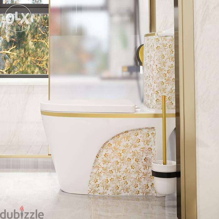 مرحاض أبيض فاخر بتصميم نموذج مع مرحاض زهور ذهبية 3