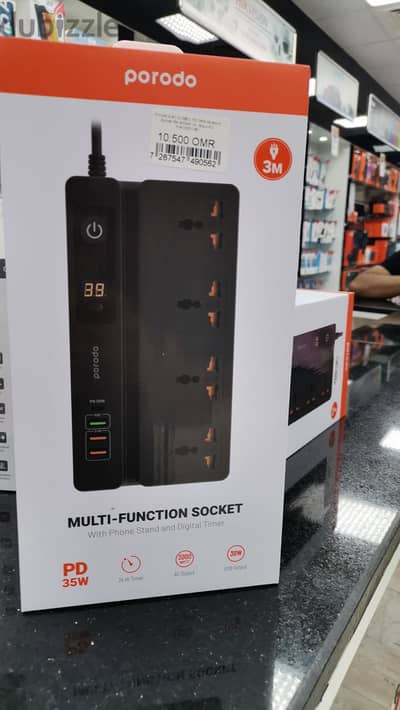 Porodo 4 AC 3 USB C pd 35w multiport socket 3m 3000w UK black (New)